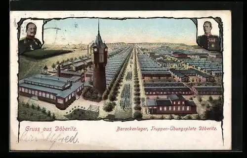 AK Döberitz, Truppenübungsplatz, Barackenlager mit Wasserturm, Portraits
