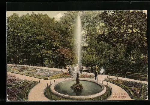 AK Hof i. B., Parkpartie mit Fontäne