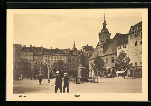 AK Jena, Markt mit Denkmal und zwei Studenten