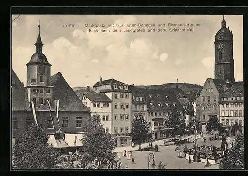 AK Jena, Marktplatz mit Kurfürstendenkmal und Bismarckbrunnen
