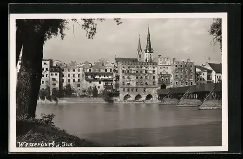 AK Wasserburg /Inn, Panorama vom Wasser gesehen