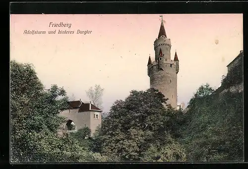 AK Friedberg i. H., Adolfsturm und hinteres Burgtor im Morgenrot