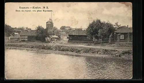 AK Koslov, Uferpartie mit Kirche