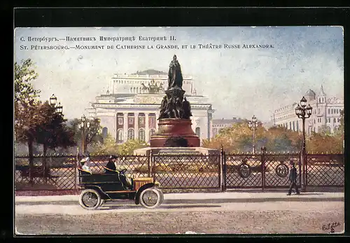 Künstler-AK St.-Petersbourg, Monument de Catherine la Grande et le Theatre Russe Alexandra
