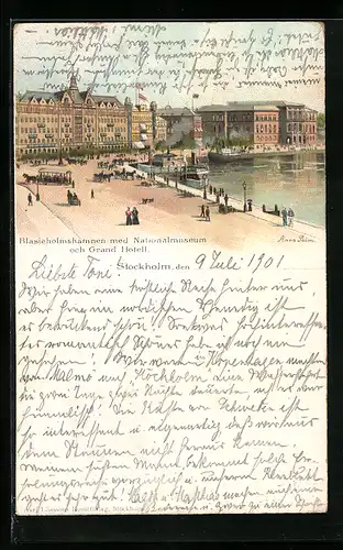 Lithographie Stockholm, Blasieholmshamnen med Nationalmuseum och Grand Hotell