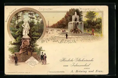 Lithographie Berlin-Tiergarten, Lessing-Denkmal, Siegesalle m. Wrangelbrunnen