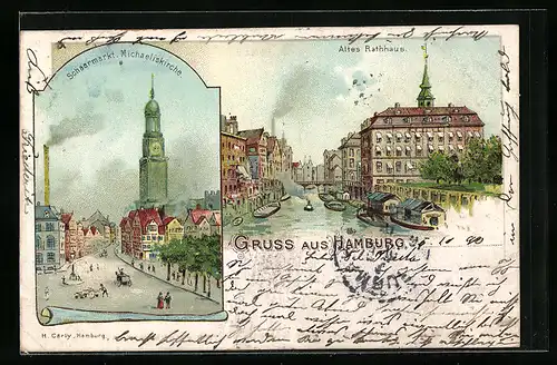 Lithographie Hamburg, Altes Rathaus & Schaarmarkt mit Michaeliskirche