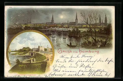 Lithographie Hamburg, Gesamtansicht, Uhlenhorster Feenteichbrücke