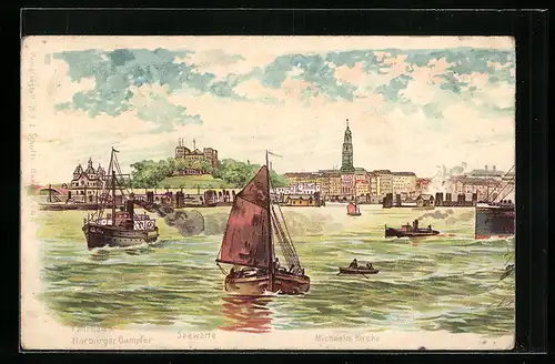 Lithographie Hamburg, Michaelis Kirche, Seewarte, Fährhaus, Harburger Dampfer