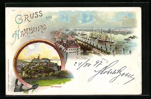 Lithographie Hamburg-Blankenese, Hafen aus der Vogelschau, Blankenese