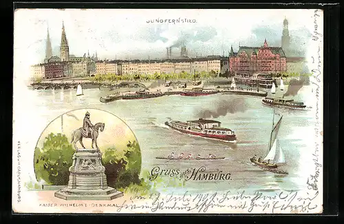 Lithographie Hamburg-Neustadt, Jungfernstieg, Kaiser Wilhelm I-Denkmal, Glitzer