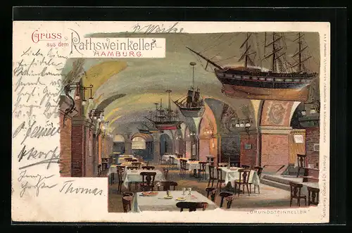Lithographie Hamburg, Restaurant Rathsweinkeller, Grundsteinkeller