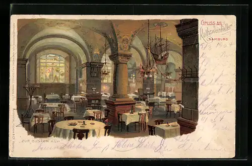 Lithographie Hamburg, Gaststätte Ratsweinkeller Zur bunten Kuh, Innenansicht