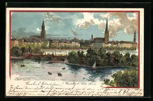 Lithographie Hamburg-Neustadt, Lombardsbrücke mit Teilansicht