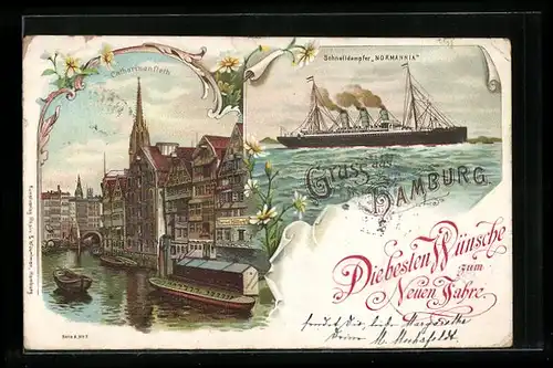 Lithographie Alt-Hamburg, Katharinenfleet mit Geschäft und Booten, Schnelldampfer Normannia in Fahrt