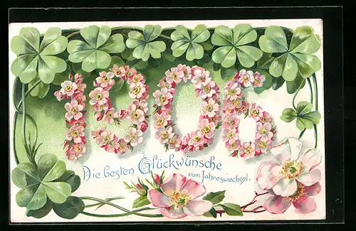 Präge-AK Jahreszahl aus Blumen mit Kleeblätern, Neujahrsgruss 1906