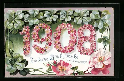 AK Jahreszahl 1908 aus pinken Blüten