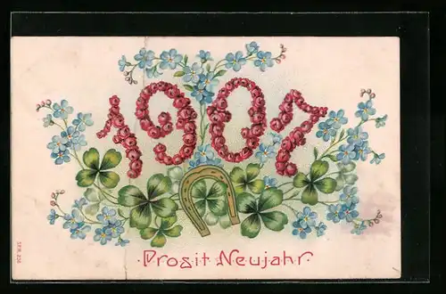 Präge-AK Jahreszahl aus Blumen mit Hufeisen, Neujahrsgruss 1907