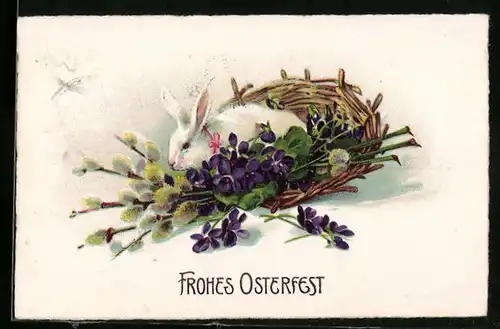 AK Osterhase im Nest mit Veilchen
