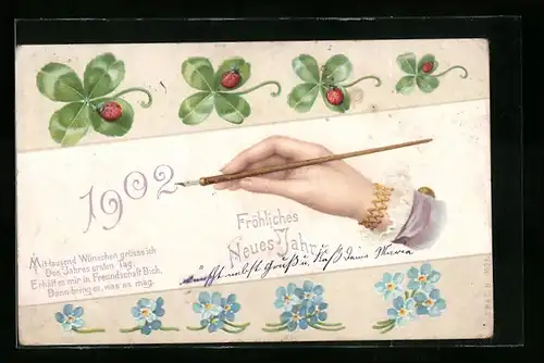 AK Neujahrsgruss, Zarte Frauenhand schreibt Jahreszahl 1902