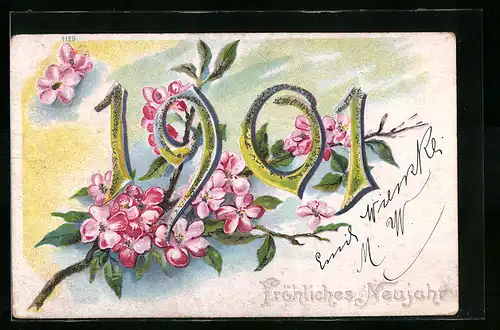 AK Jahreszahl mit Blumen, Neujahrsgruss 1901