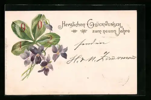 AK Jahreszahl 1902 mit Kleeblatt und Veilchen