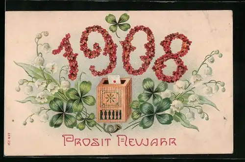 AK Jahreszahl aus Blumen mit Kleeblättern, Postkasten, Neujahrsgruss 1908