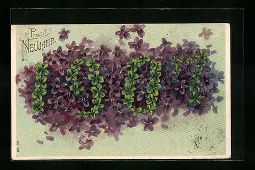 AK Jahreszahl 1907, Veilchen und Kleeblätter