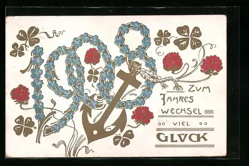 AK Jahreszahl 1908 mit Vergissmeinnicht und Anker