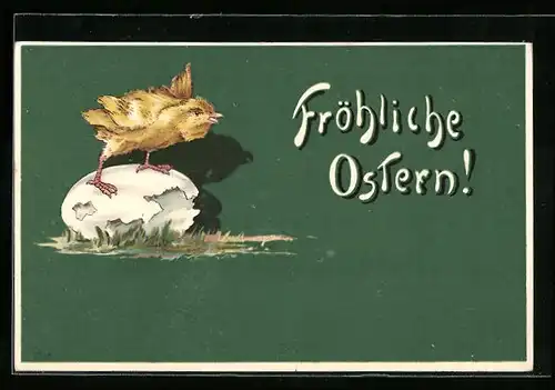 AK Osterküken auf Osterei, Fröhliche Ostern