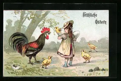 AK Mädchen mit Osterküken, Krähender Hahn