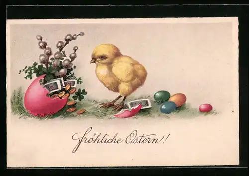 AK Osterküken neben Eierschale mit Geld und Kleeblättern