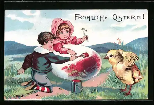 AK Kinder bemalen mit einem Osterküken ein grosses Ei