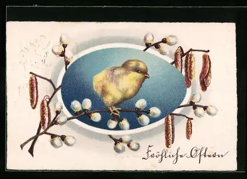 AK Osterküken auf einem Palmkätzchenzweig