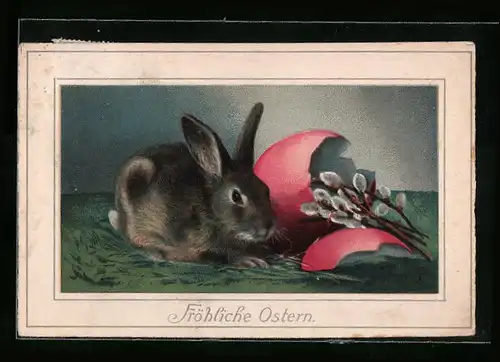 AK Osterhase neben zerbrochener Eierschale