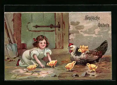 AK Mädchen im Stall mit Osterküken und Hahn