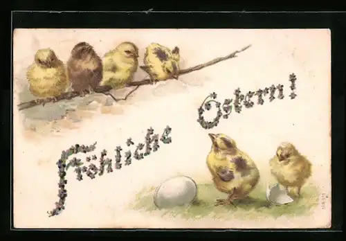 AK Osterküken sitzen auf einem Zweig