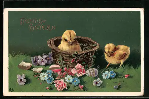 AK Osterküken sitzen im Korb mit Ostereiern