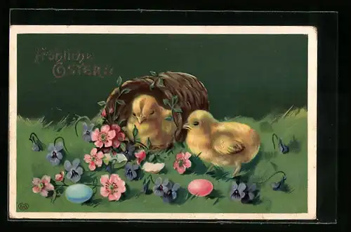 AK Osterküken im Korb, Blumenwiese