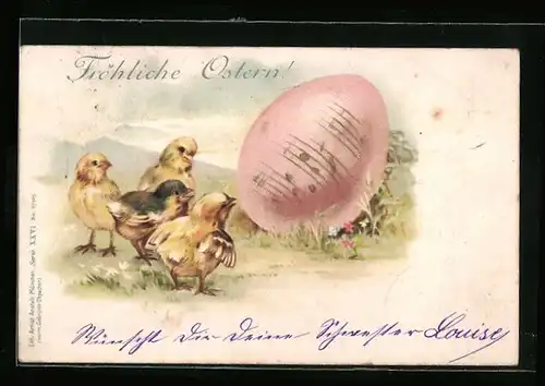 AK Osterküken neben Osterei, Fröhliche Ostern