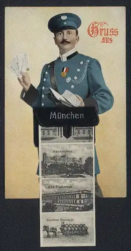 Leporello-AK München, Briefträger mit Stadtansichten, Neues Rathaus, Münchener Bierwagen, Bavaria mit Ruhmeshalle