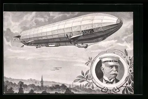 Künstler-AK Zeppelin Sachsen mit Portrait Graf von Zeppelin
