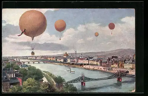 Künstler-AK Frankfurt a. M., Internationale Luftschiffahrts-Ausstellung ILA, Ballone über der Stadt