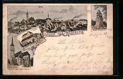 Vorläufer-Lithographie Radeberg, 1895, Krieger-Denkmal, Kgl. Amtsgericht im Schloss, Stadt-Kirche