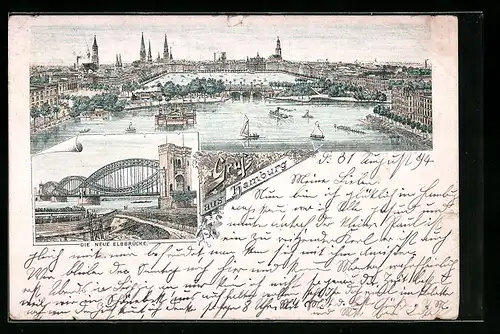 Vorläufer-Lithographie Hamburg, 1894, Blick über Aussen- und Binnenalster Richtung Jungfernstieg, Neue Elbbrücke