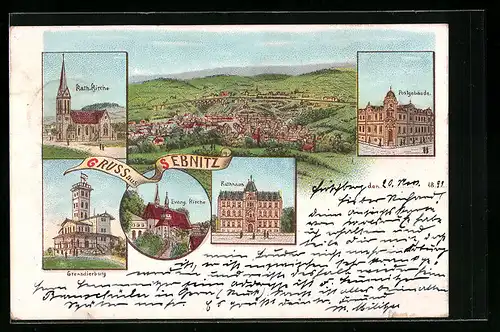 Lithographie Sebnitz, Grenadierburg, Post, Gesamtansicht
