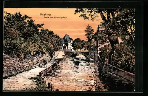 AK Siegburg, Ortspartie am Mühlengraben mit Brücke und Uferweg