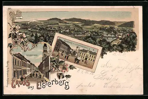 Lithographie Elsterberg, Langestrasse, Marktplatz mit Kriegerdenkmal, Gesamtansicht mit Brücken