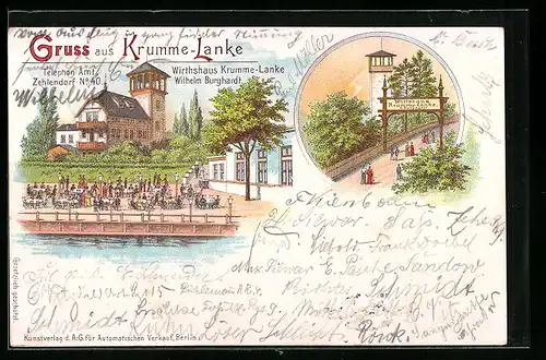 Lithographie Berlin-Zehlendorf, Gasthaus Wirtshaus Krumme Lanke W. Burghardt mit Garten und Aussichtsturm