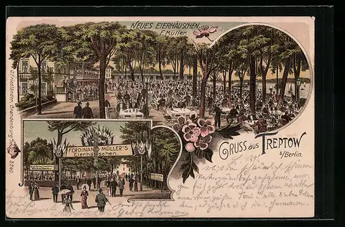 Lithographie Berlin-Treptow, Gasthaus Neues Eierhäuschen, Inh. F. Müller, Garten, Eingang